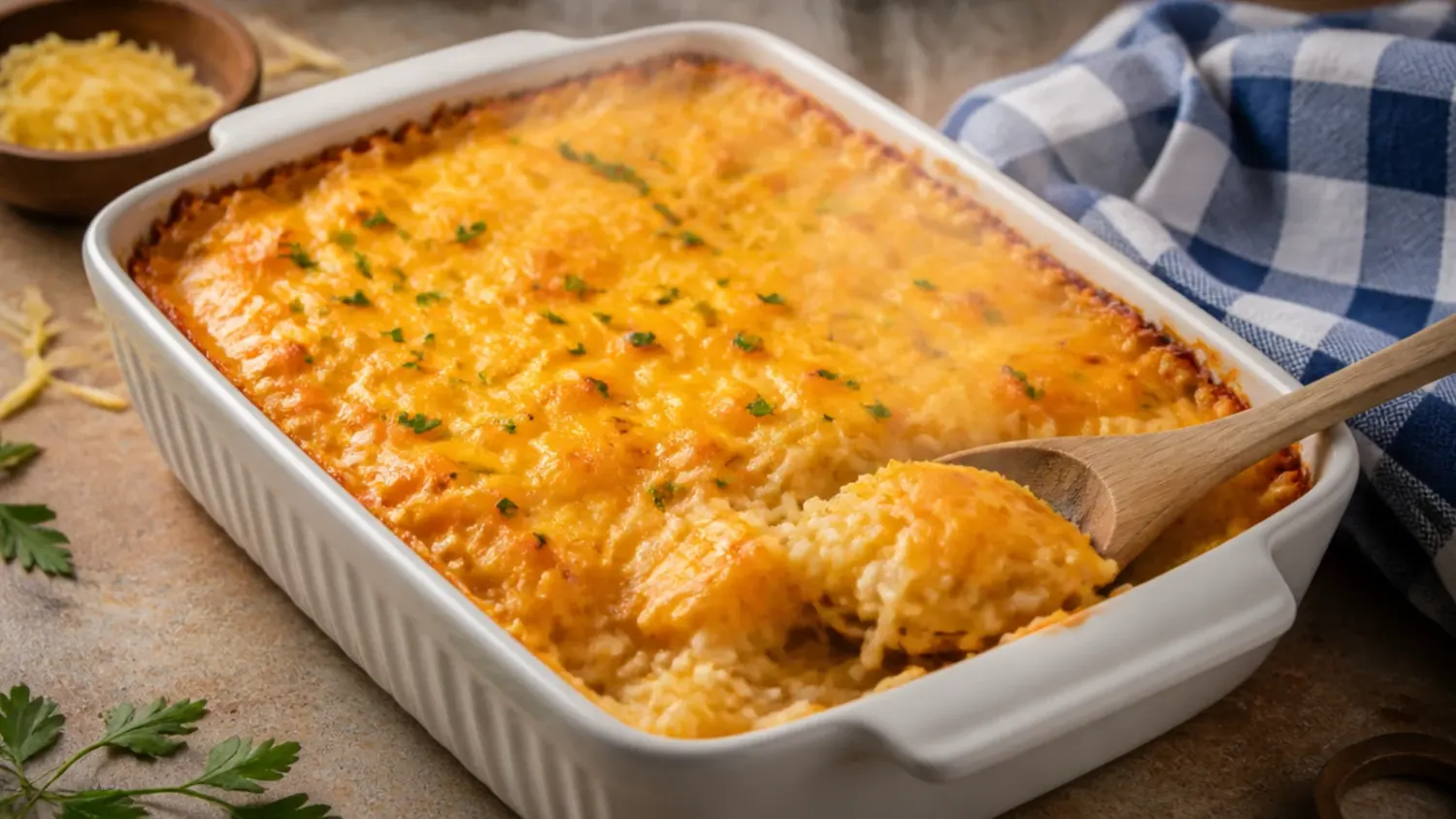 Overhead photo of golden baked cheesy hashbrown casserole in a white dish with a crisp cornflake topping and a spoonful being lifted out