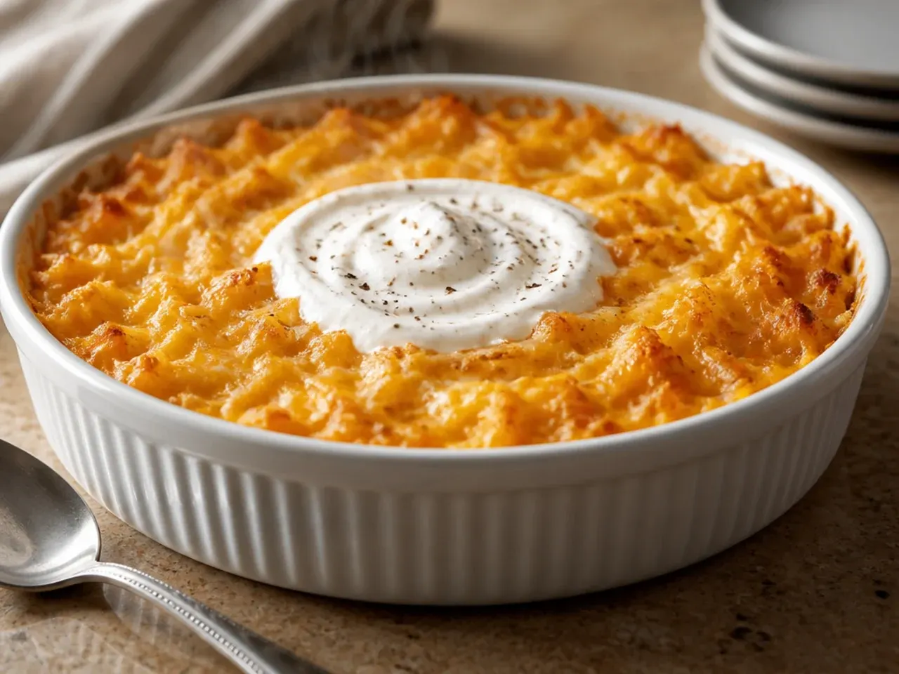 Cheesy hashbrown casserole mixture spread evenly into a glass baking dish