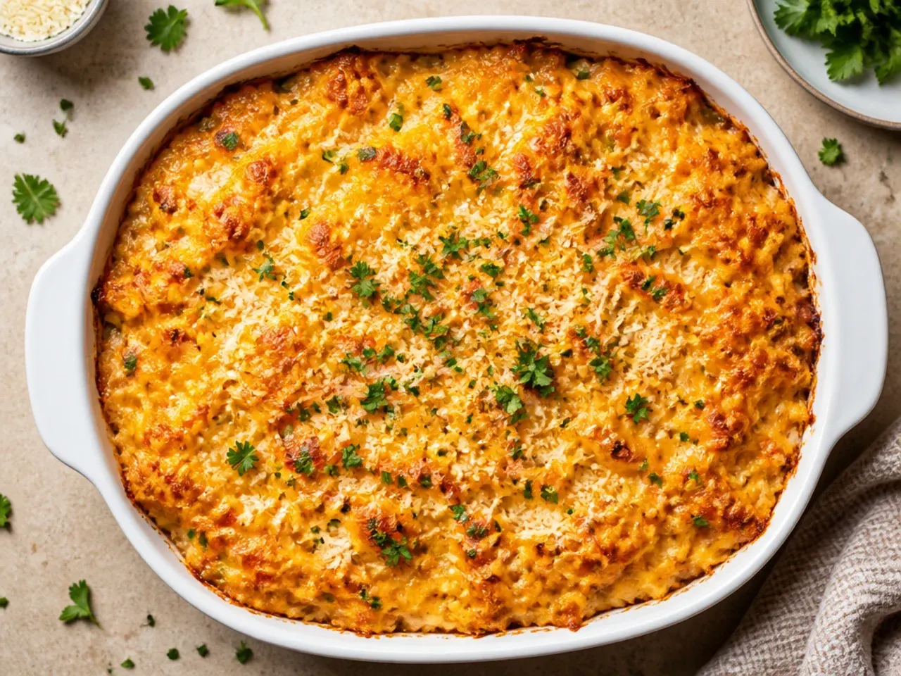 Baked cheesy hashbrown casserole resting on a stovetop with steam rising