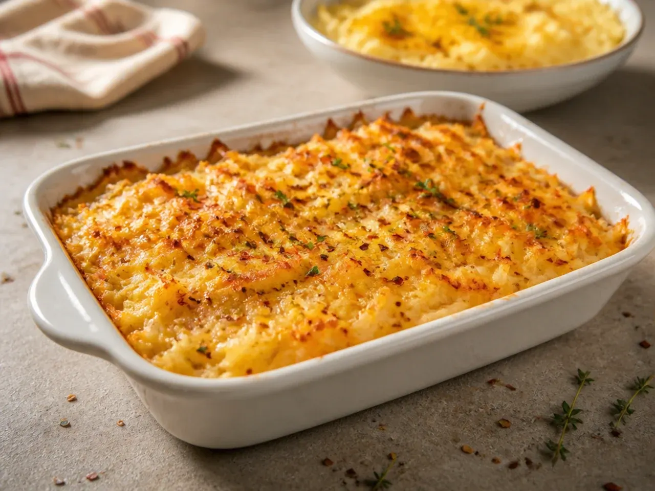 Foil-covered casserole dish of assembled hashbrown casserole ready to chill in the fridge