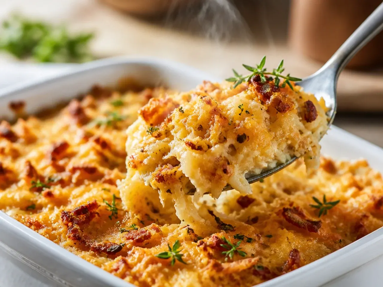 Golden bubbling cheesy hashbrown casserole viewed through an open oven door