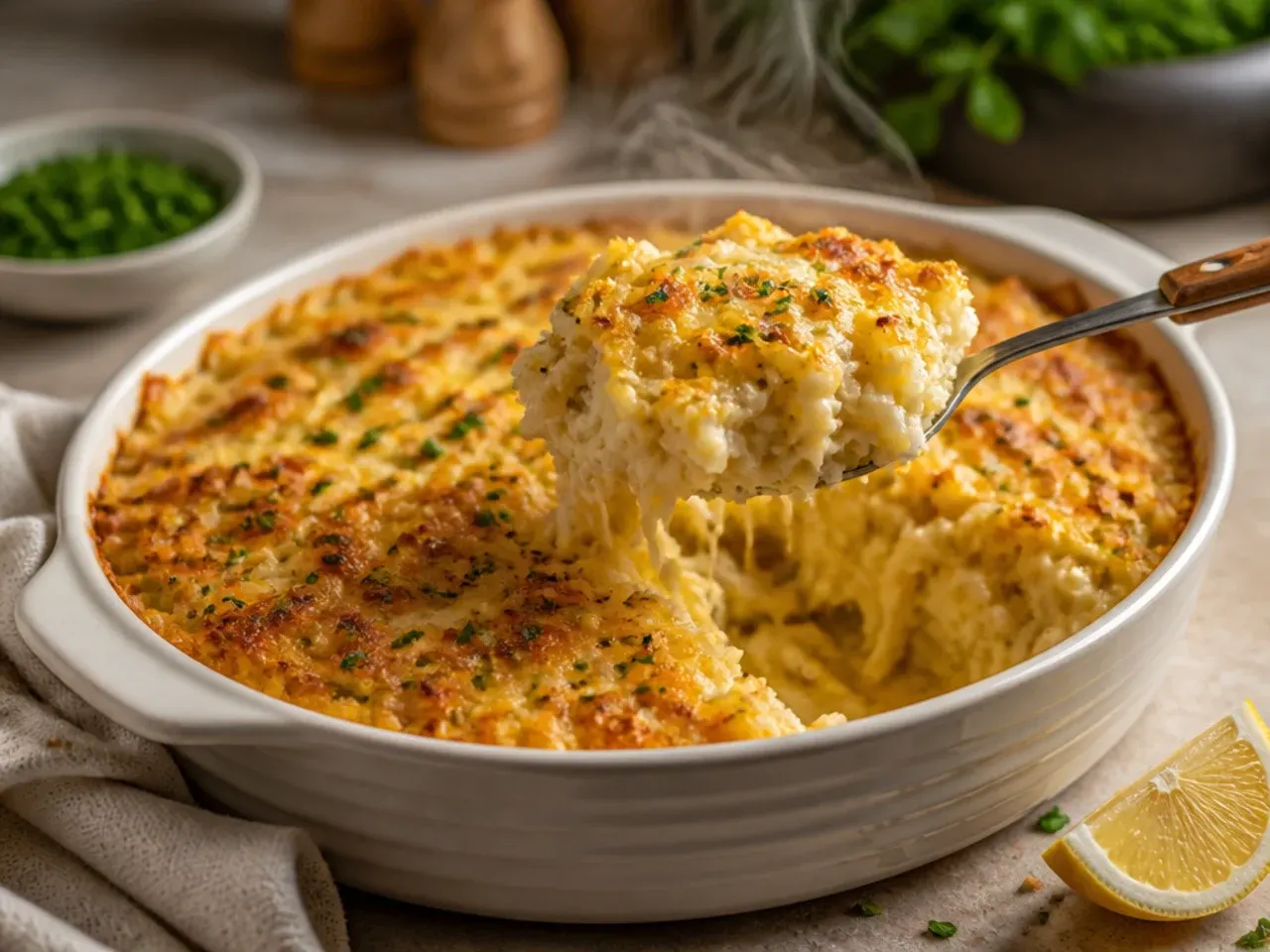 Spatula gently folding shredded potatoes into a creamy cheese sauce