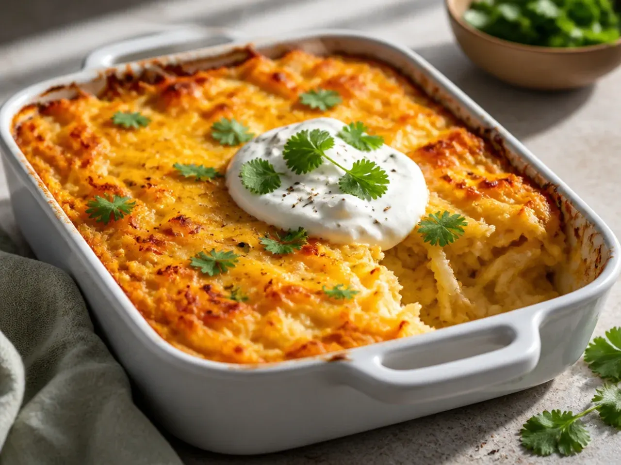 Unbaked hashbrown casserole being wrapped for the freezer in an airtight container