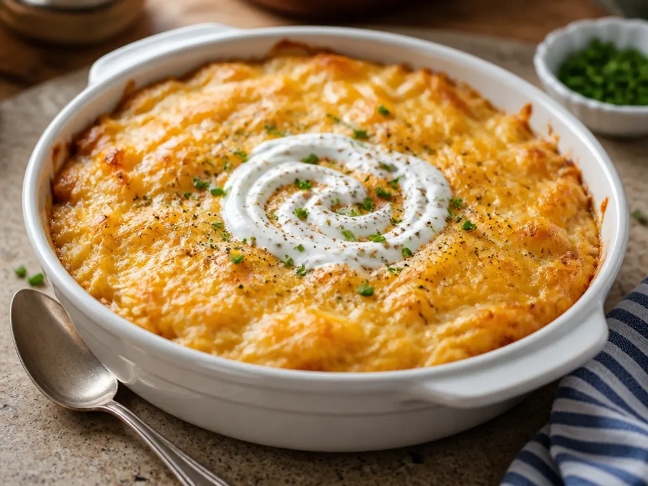 Large deep baking dish filled with a doubled batch of hashbrown casserole mixture
