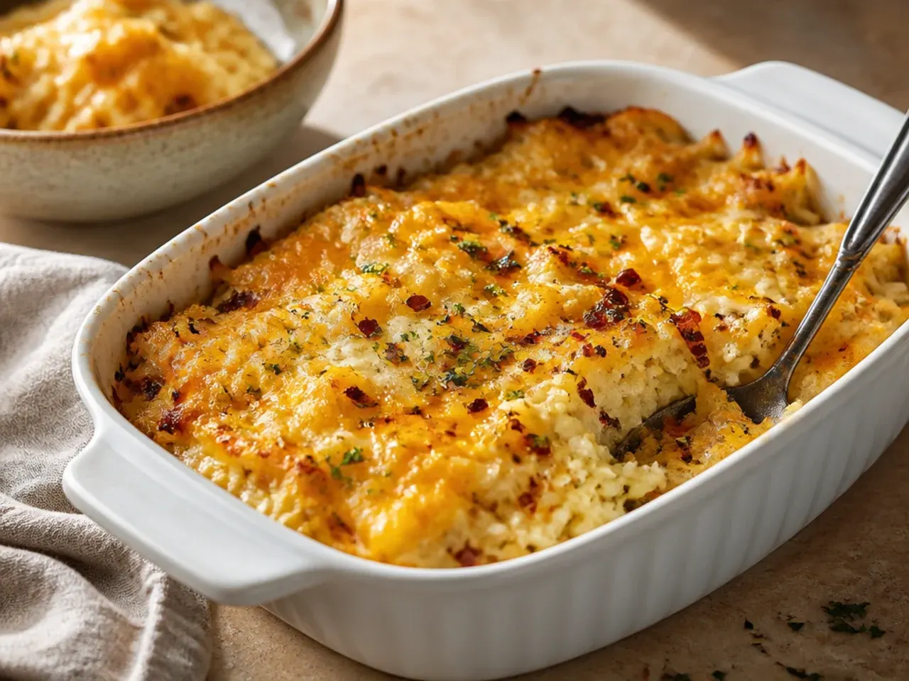 A portion of hashbrown casserole reheating in the oven on a baking tray