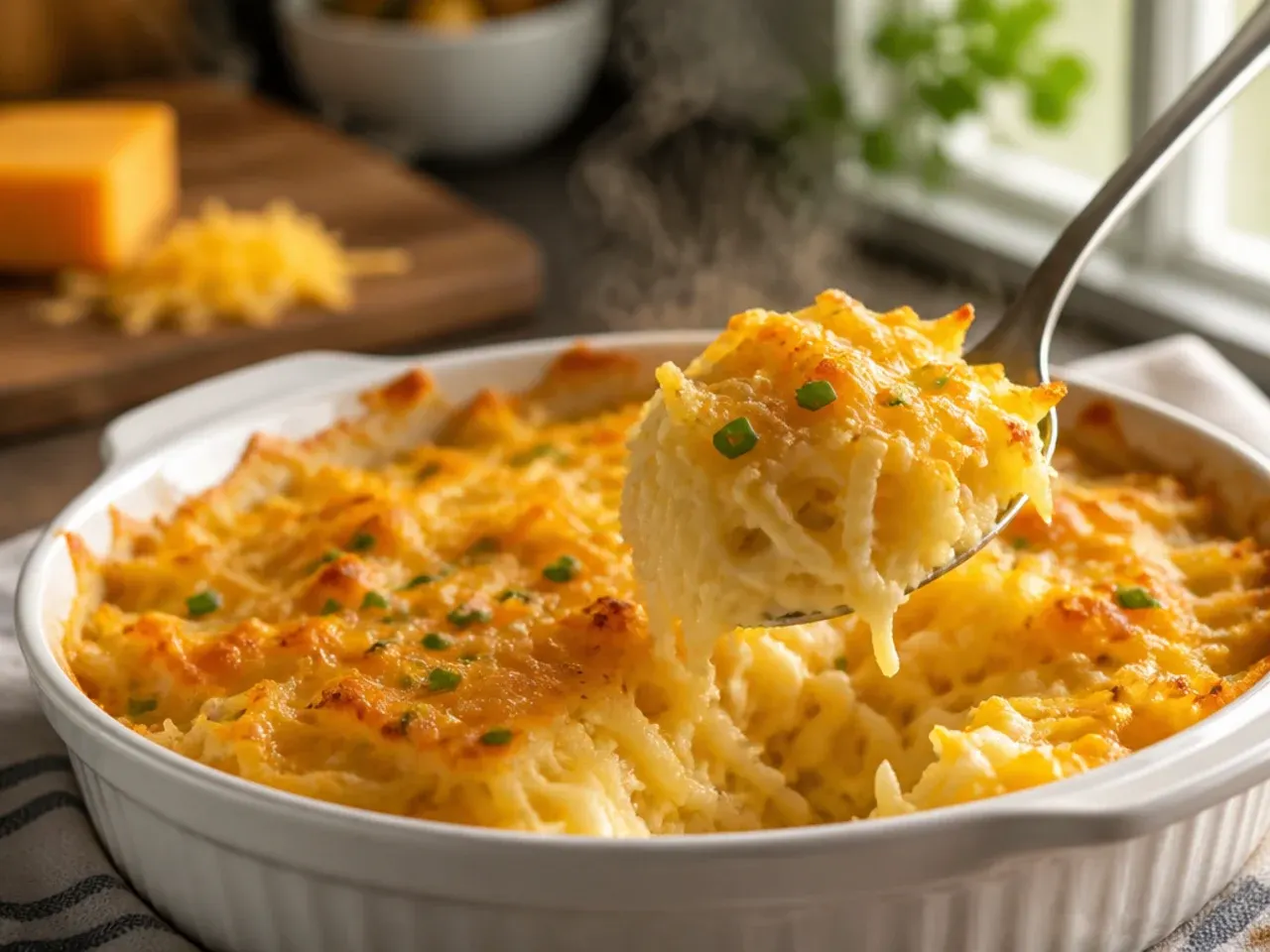 Overhead shot of a finished cheesy hashbrown casserole with a golden crunchy topping and a serving spoon