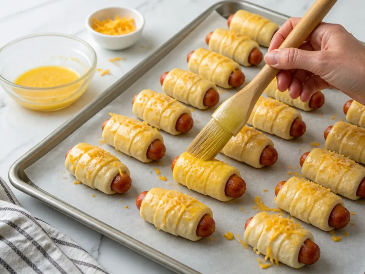 cheesy pigs in a blanket — step 6: brush and top