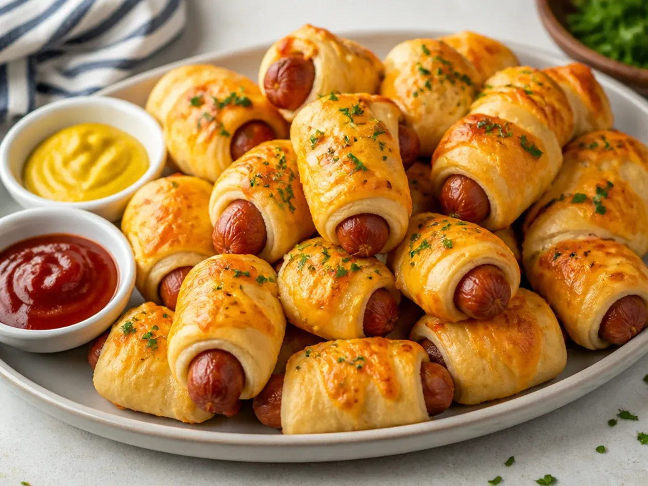 Golden cheesy pigs in a blanket on a party platter with dipping sauces