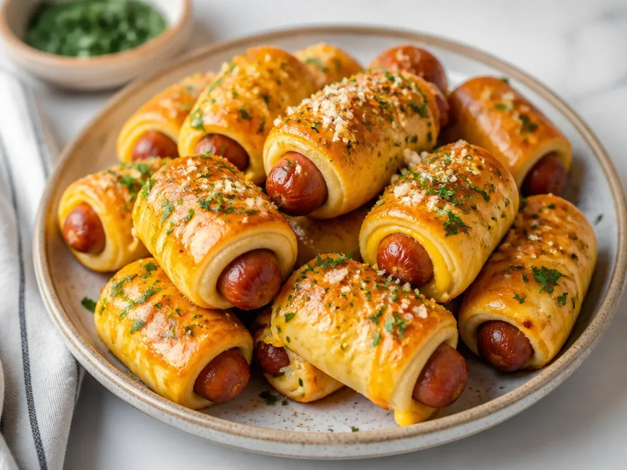 Classic cheddar cheesy pigs in a blanket brushed with garlic butter