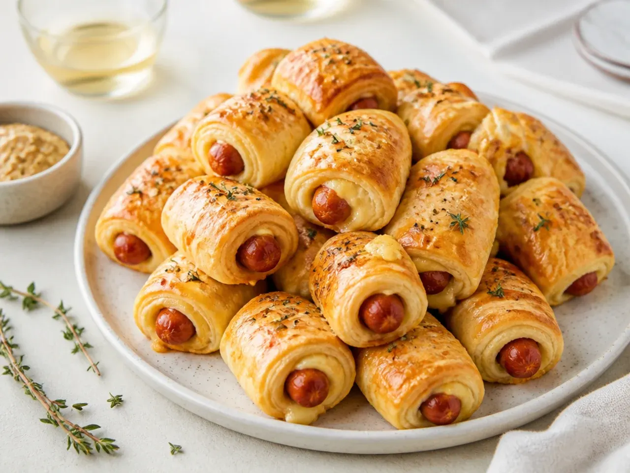 Elegant puff pastry brie cheesy pigs in a blanket on a cocktail platter