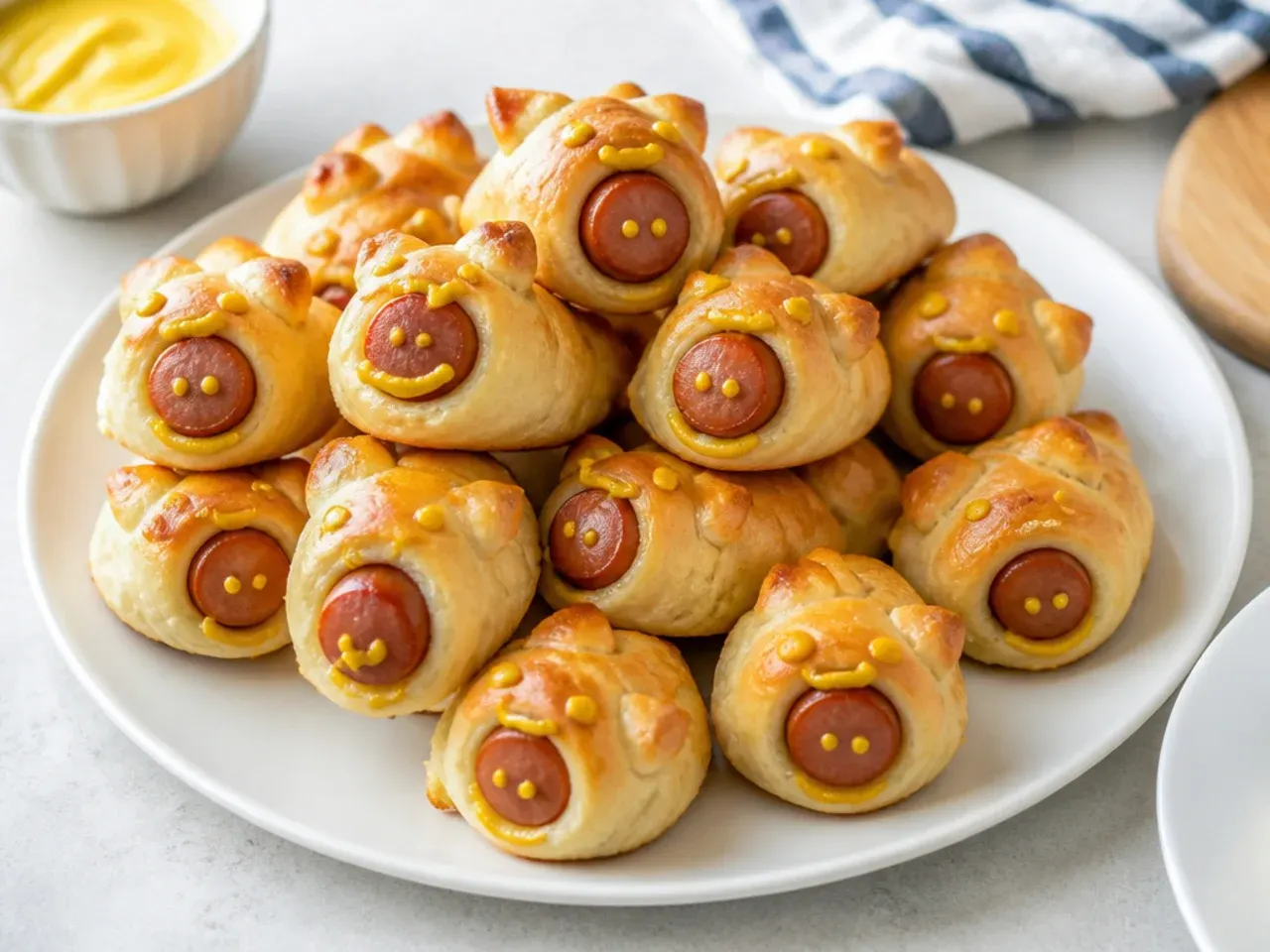 Playful cheesy pigs in a blanket decorated with mustard smiley faces for kids