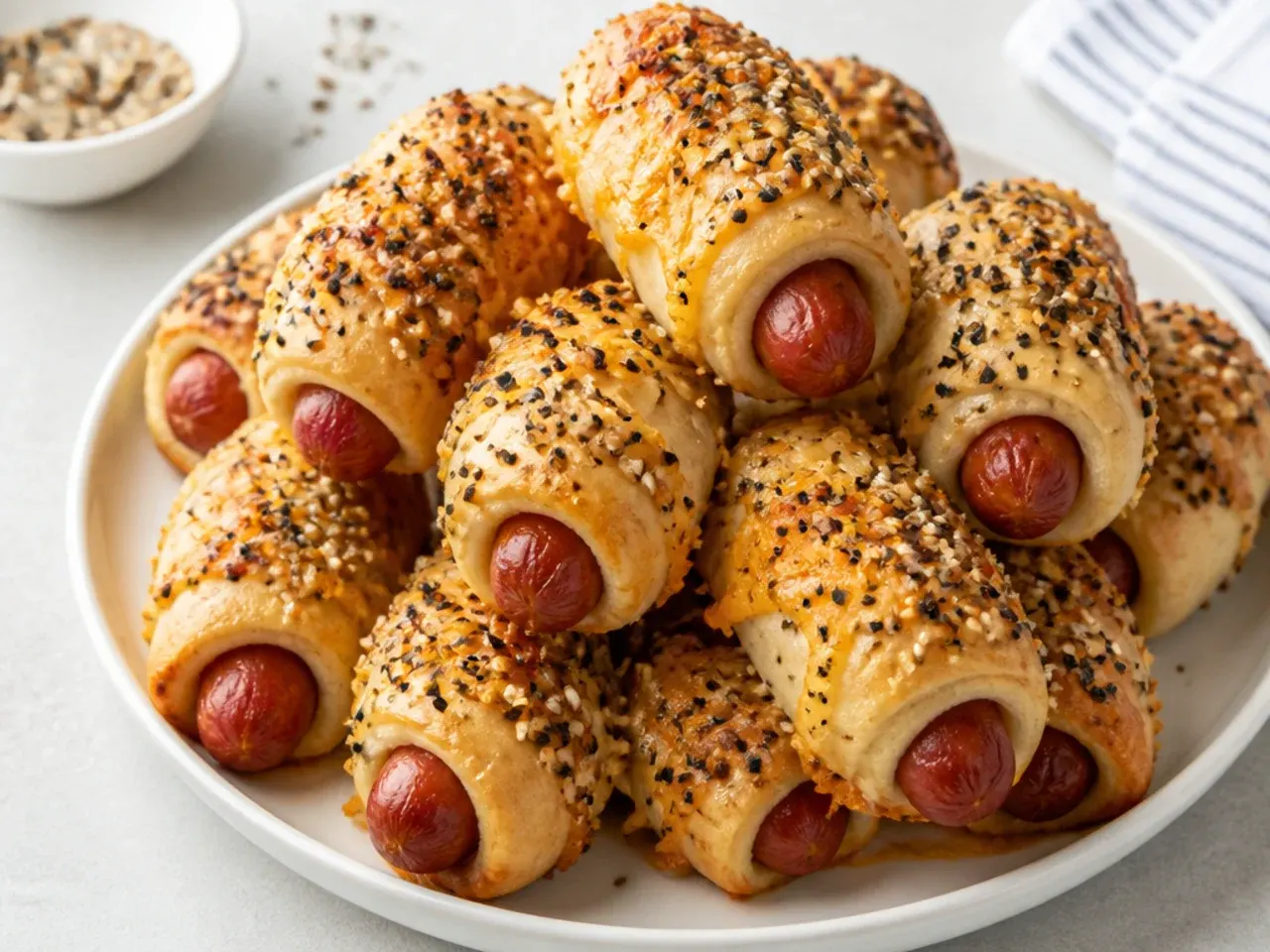 Modern everything-bagel cheesy pigs in a blanket coated in seeds and seasoning