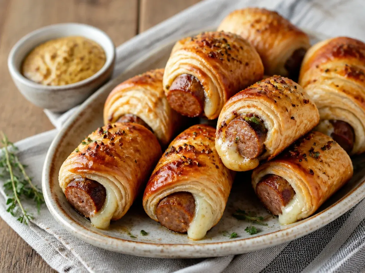Rustic bratwurst and Swiss cheesy pigs in a blanket with mustard glaze