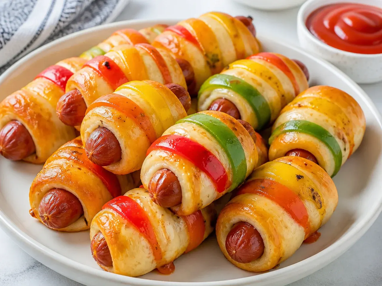 Colorful rainbow pepper cheesy pigs in a blanket with pepper jack cheese