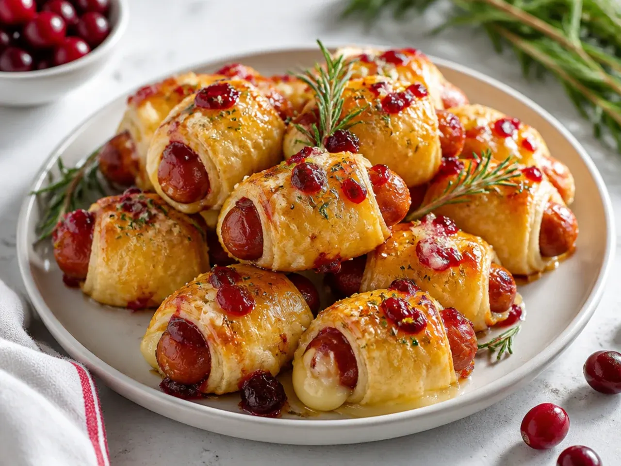 Festive cranberry-brie cheesy pigs in a blanket with rosemary for the holidays
