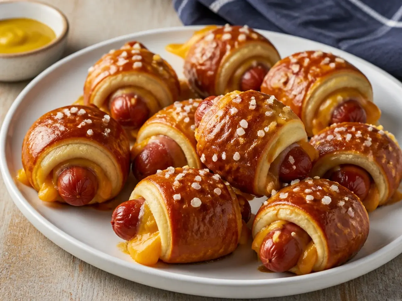 Whimsical pretzel-wrapped cheesy pigs in a blanket with coarse pretzel salt