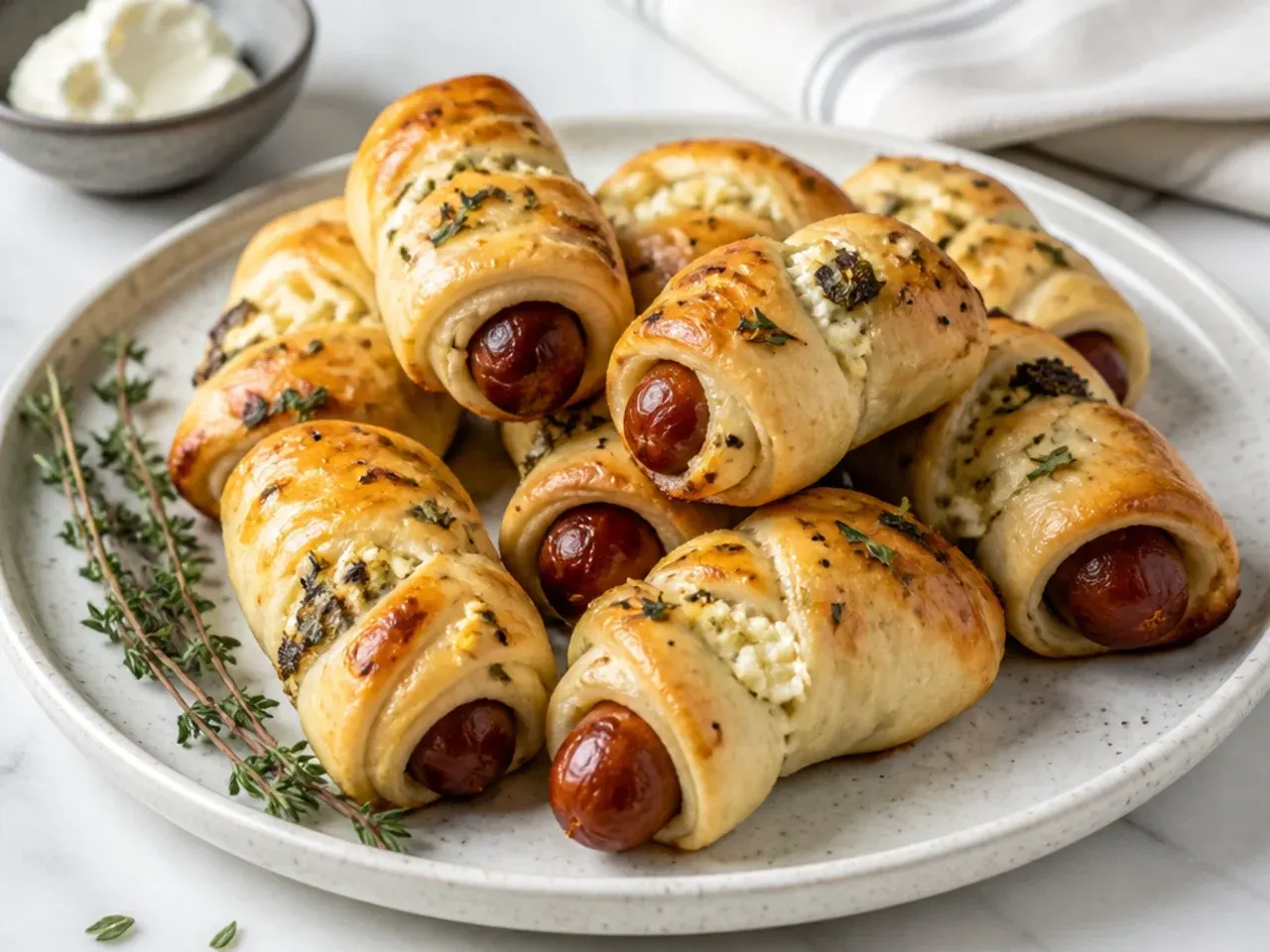 Delicate herbed goat cheese cheesy pigs in a blanket with fresh thyme