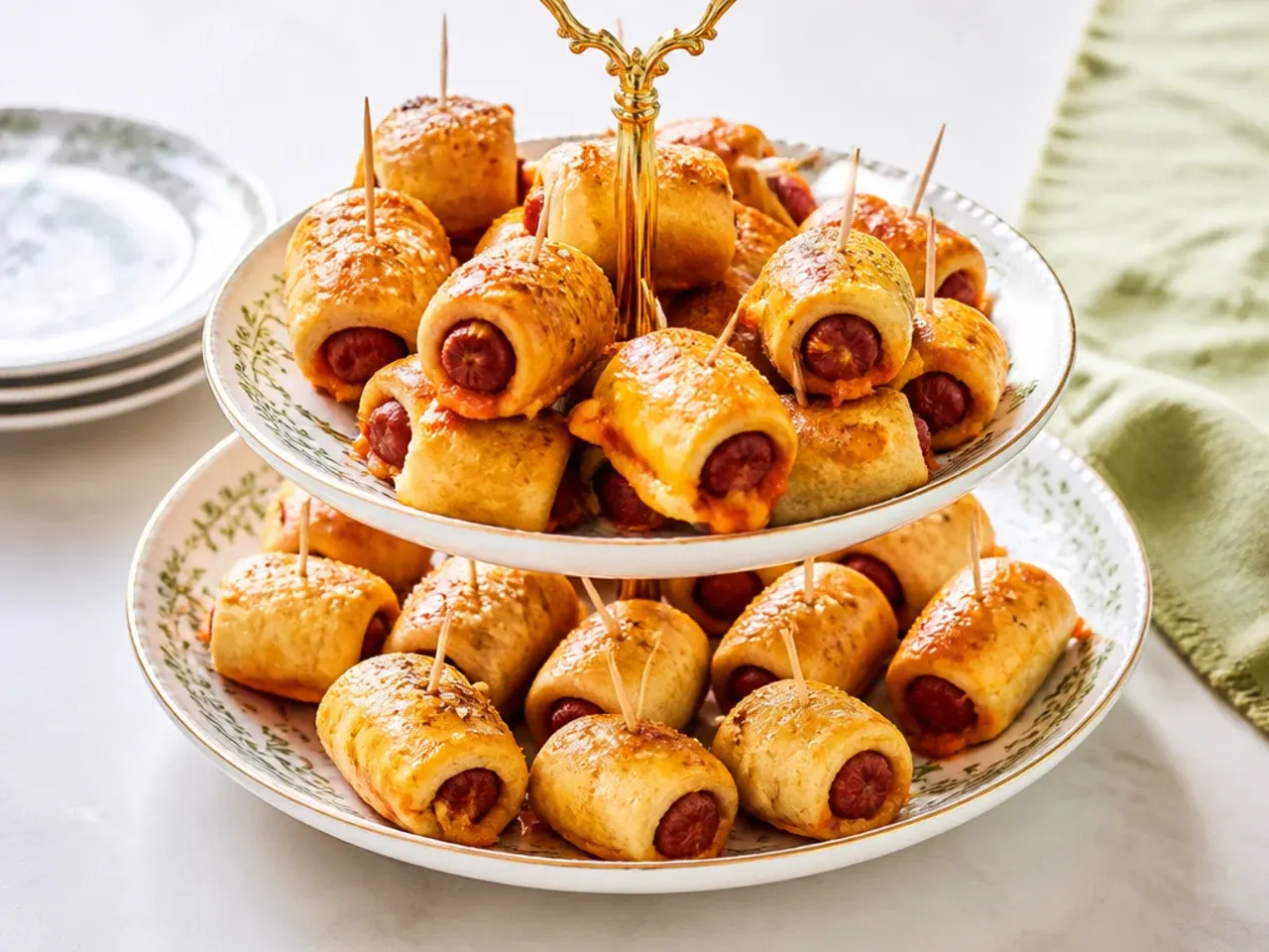 Vintage cocktail-party cheesy pigs in a blanket on a retro tiered tray with toothpicks