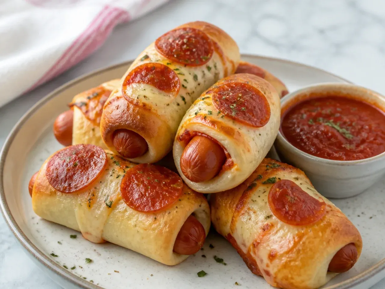 Creative pizza-style cheesy pigs in a blanket with pepperoni and mozzarella served with marinara