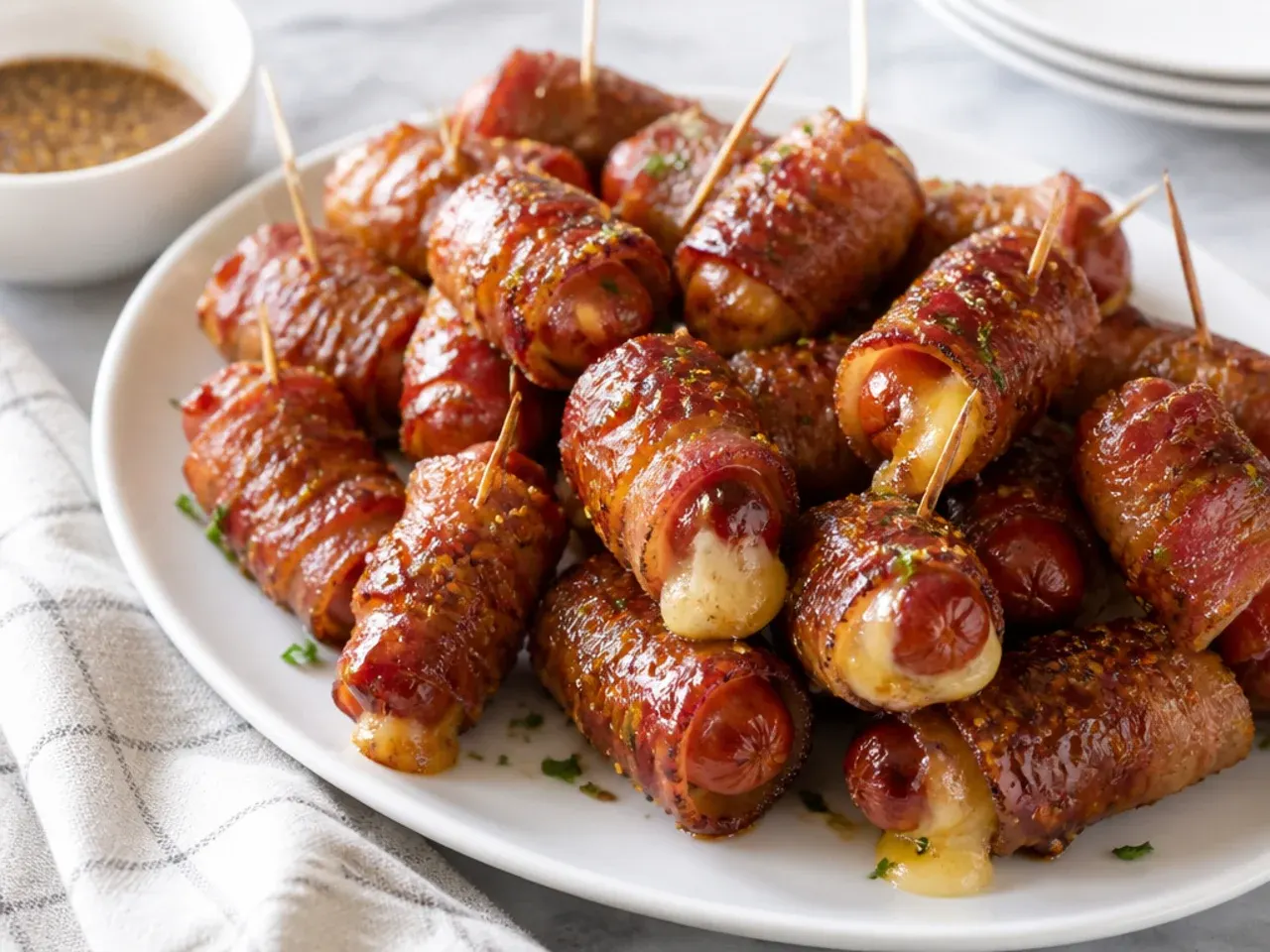 Charming bacon-wrapped cheesy pigs in a blanket with a brown-sugar Dijon glaze