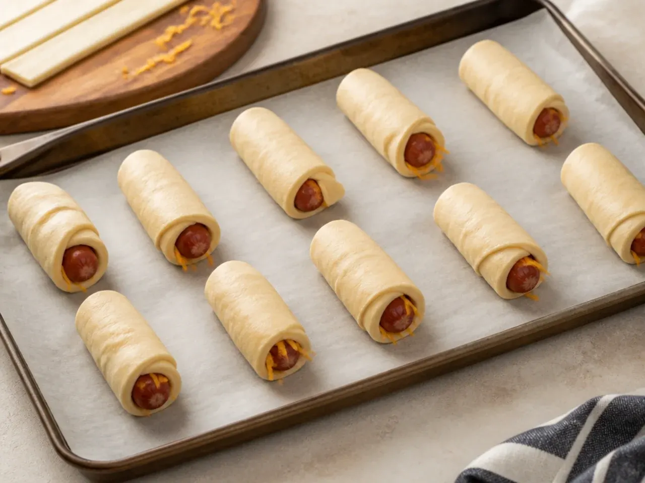 Assembling cheesy pigs in a blanket seam-side down on a parchment-lined tray