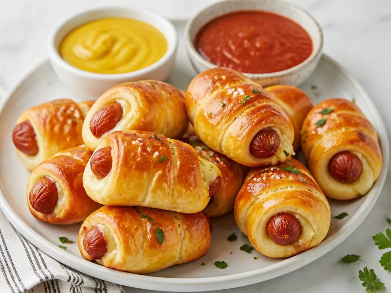 Cheesy pigs in a blanket served with honey mustard and marinara dipping sauces