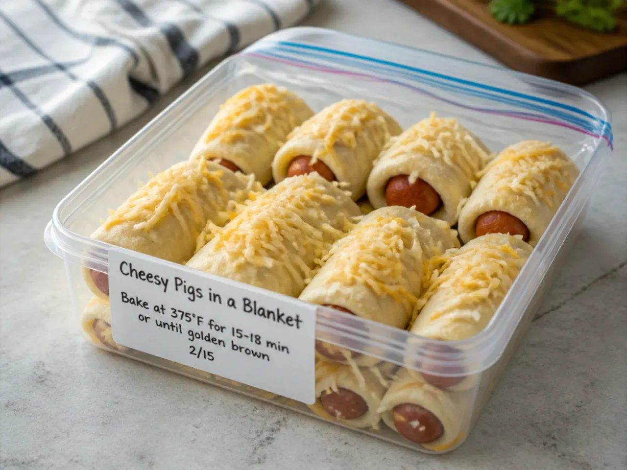 Cheesy pigs in a blanket stored in a container for freezing and reheating