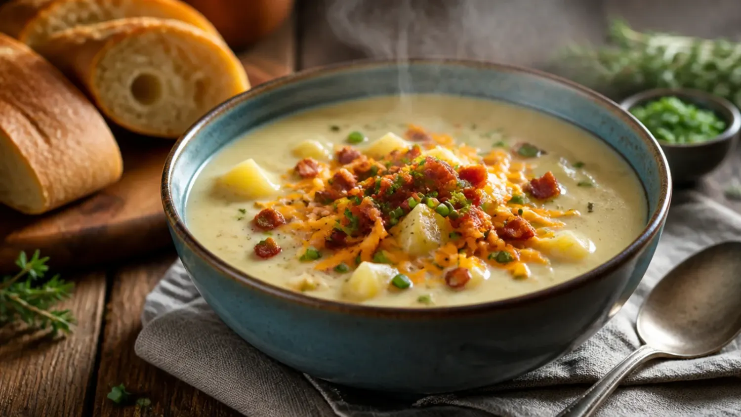 Overhead shot of a bowl of cheesy potato soup topped with crispy bacon, shredded cheddar, and chopped chives, with a spoon resting in the creamy broth