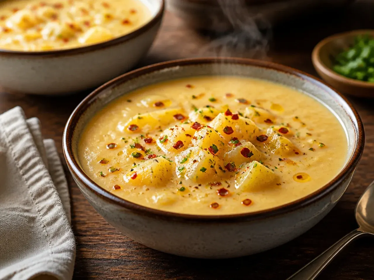 Steam rising from a pot of cheesy potato soup being stirred gently over low heat on the stovetop