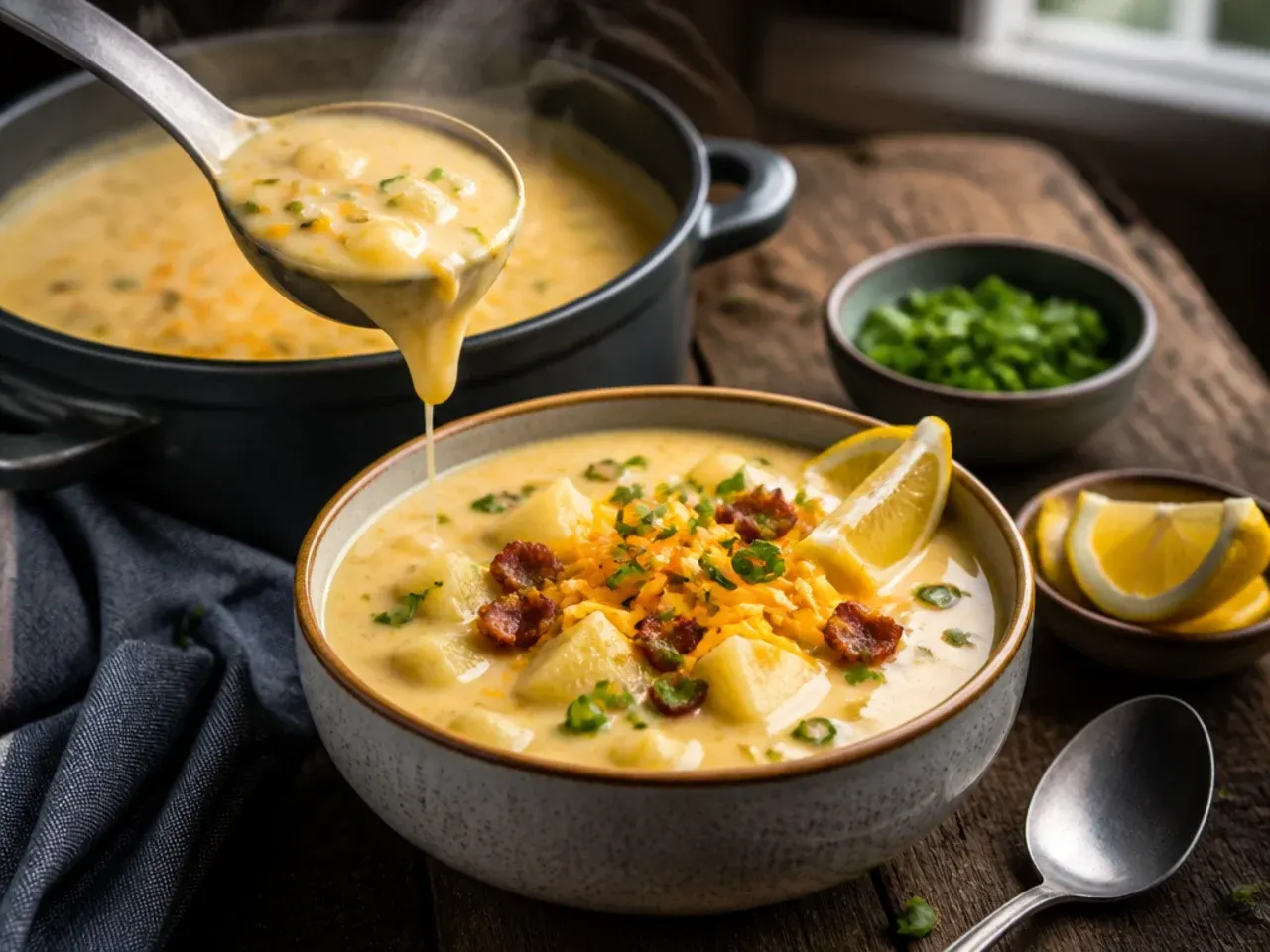 Pale golden roux cooking in a soup pot, stirred with a wooden spoon