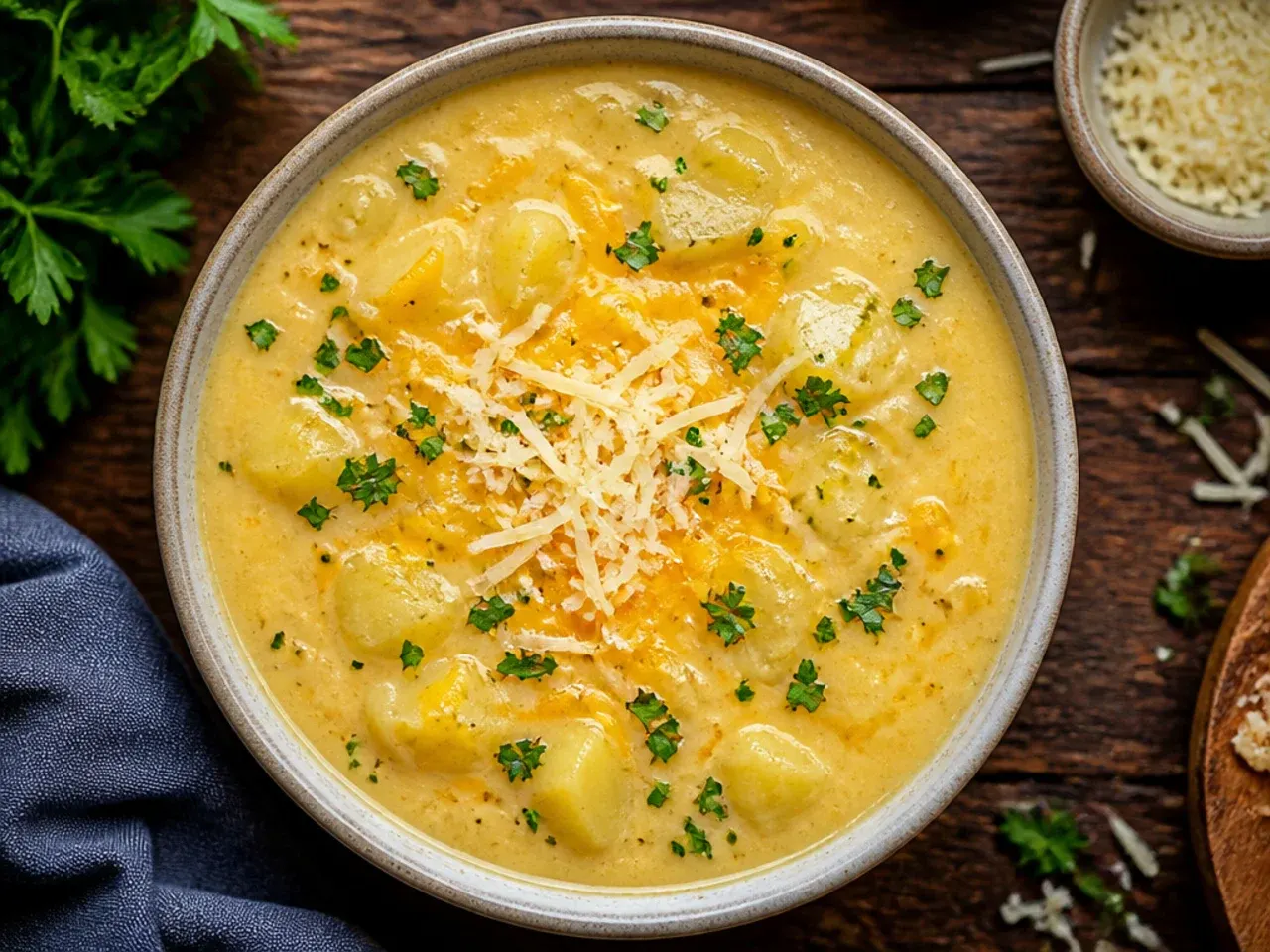 Pot of potato soup at a gentle simmer with small bubbles breaking the surface