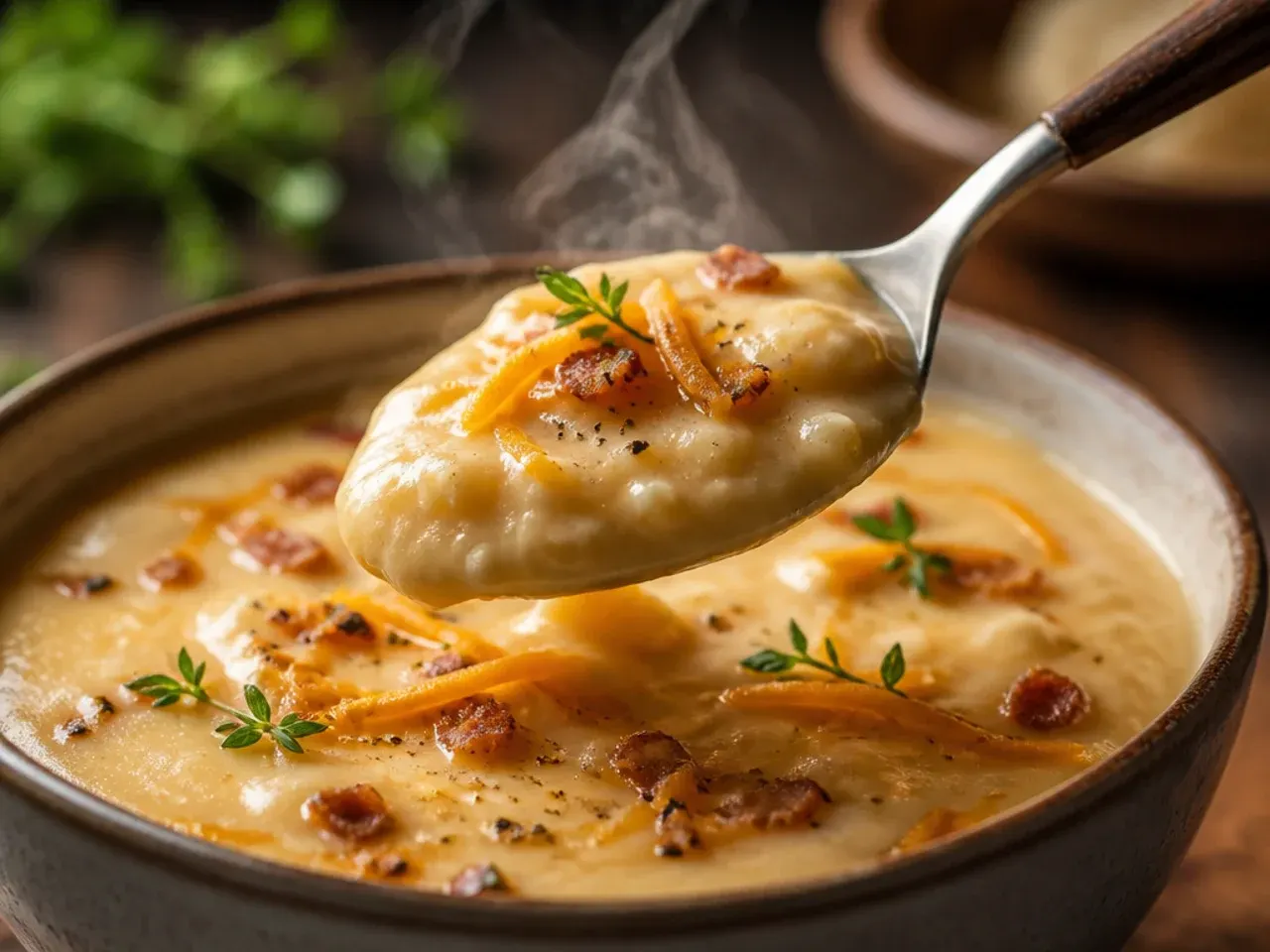 Immersion blender resting beside a pot of chunky potato soup
