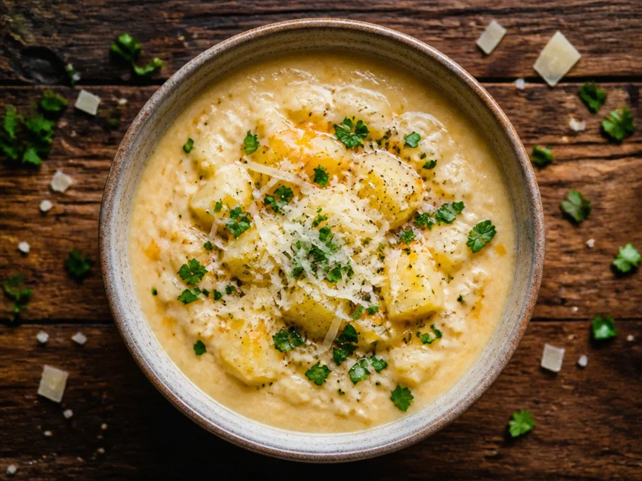 Bowl of leftover cheesy potato soup being reheated gently on the stovetop