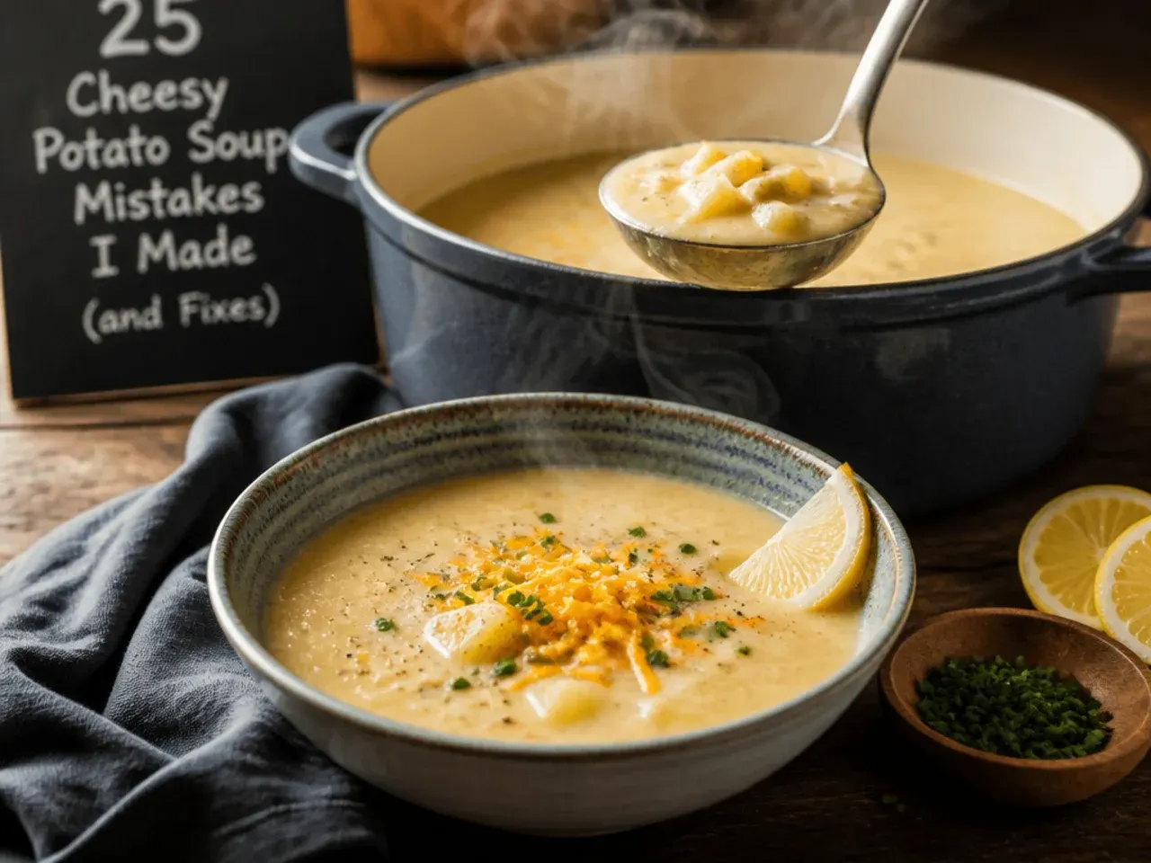 Spoonful of soured cream being stirred into a pot of cheesy potato soup