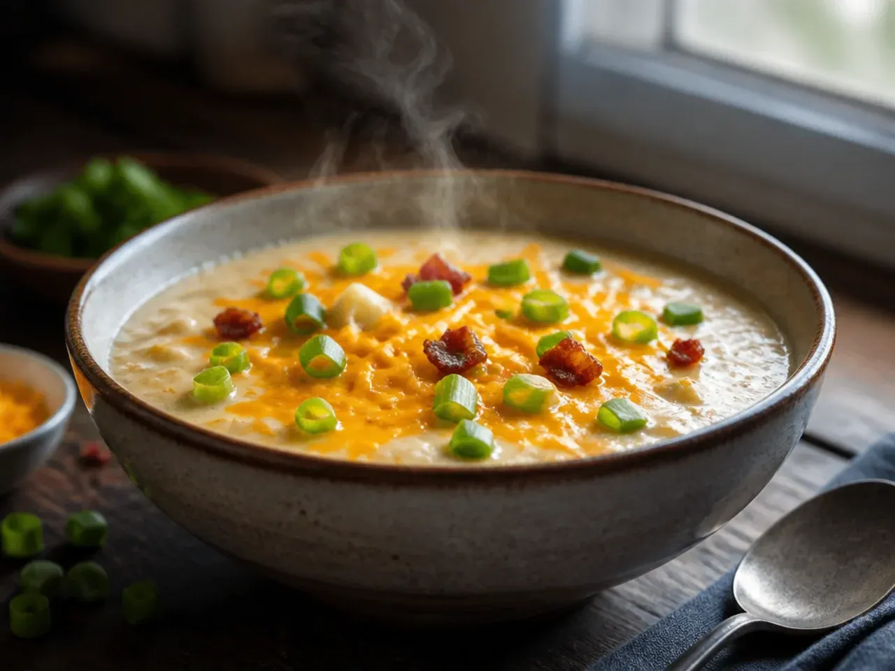 Wooden spoon tasting a spoonful of finished cheesy potato soup
