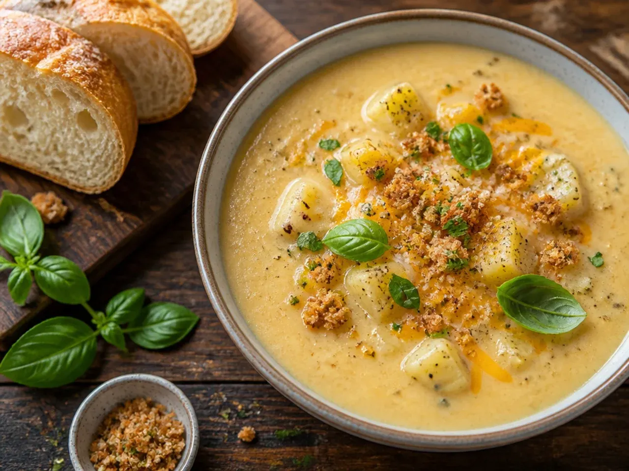 Finished bowl of cheesy potato soup topped with bacon, cheddar, and chives