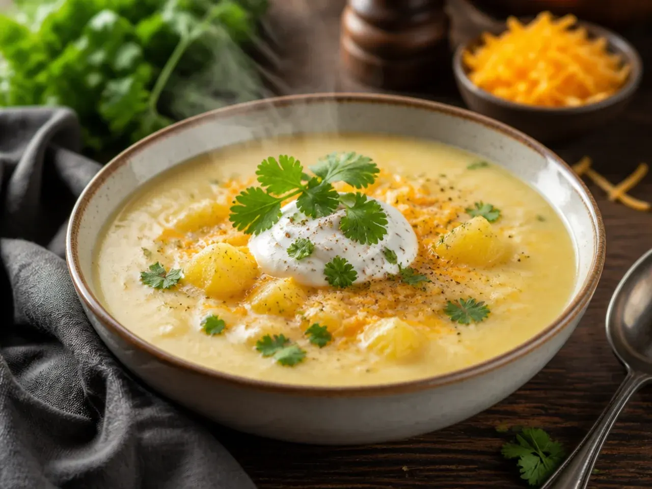 Pot of cheesy potato soup resting off the heat before serving