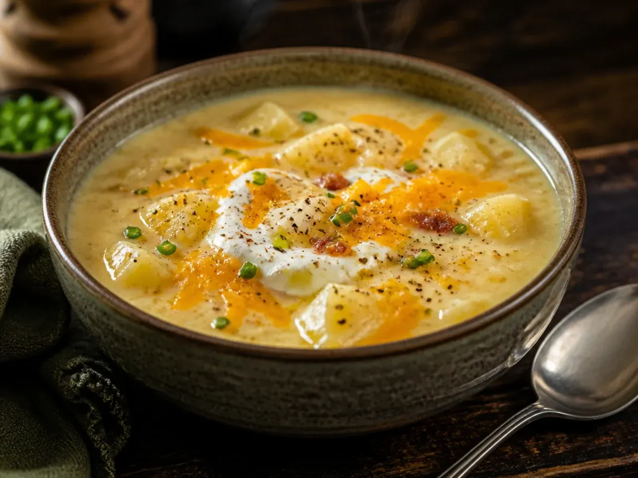 Overhead shot of the full cheesy potato soup recipe ingredients laid out around one pot
