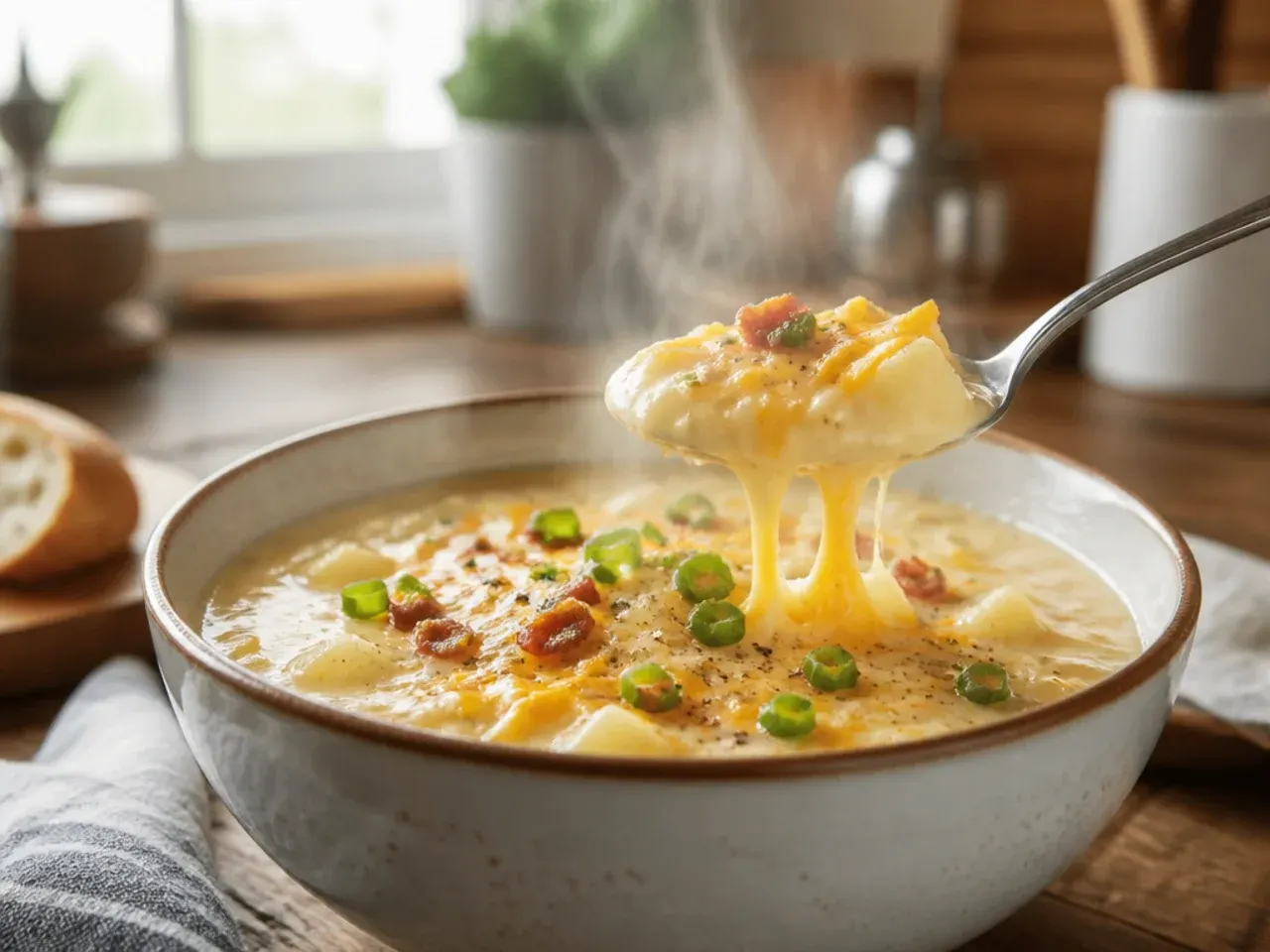 Two bowls of cheesy potato soup served side by side with spoons ready