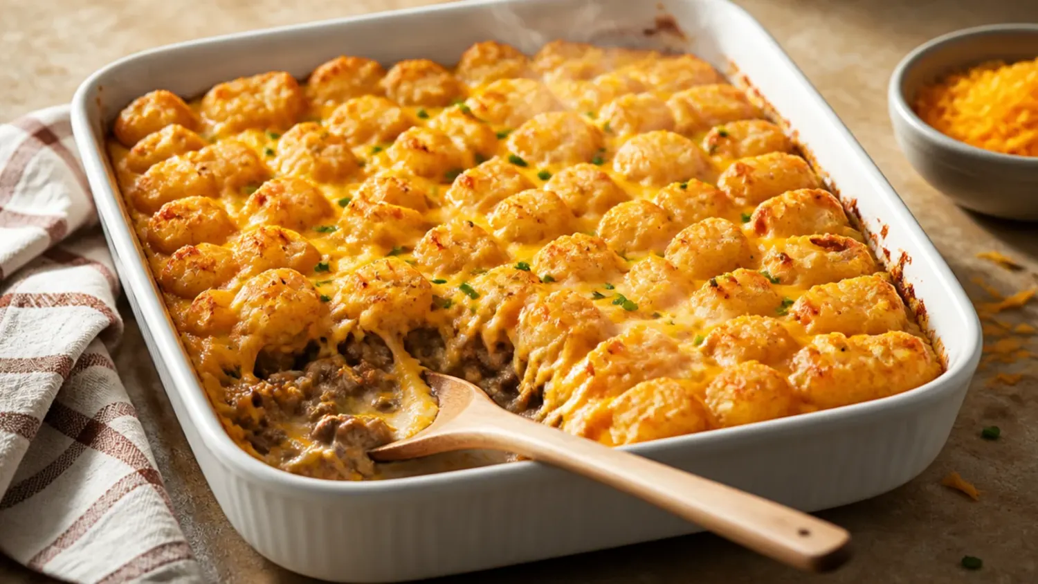 A bubbling cheesy tater tot casserole in a glass baking dish, golden tots on top with melted cheddar and a spoon lifting out a cheesy portion