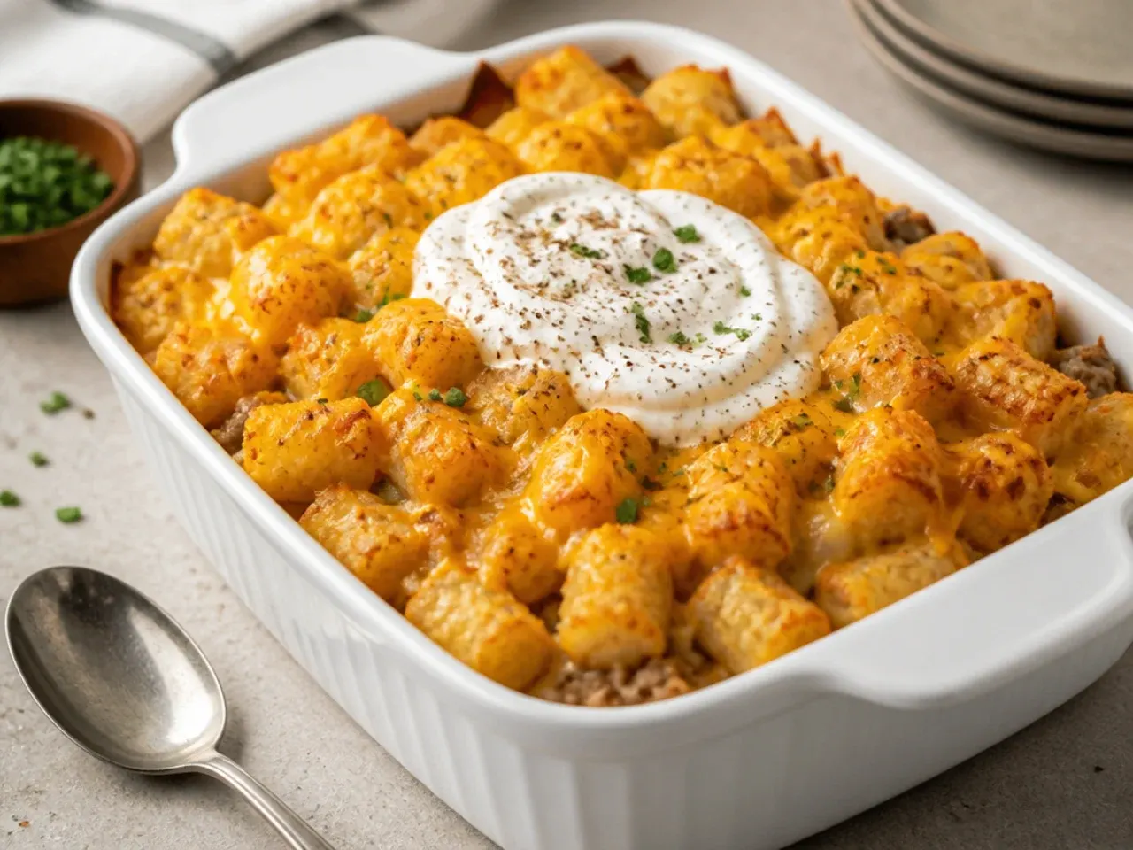 Frozen tater tots being scattered straight from the bag over a beef and cheese casserole filling