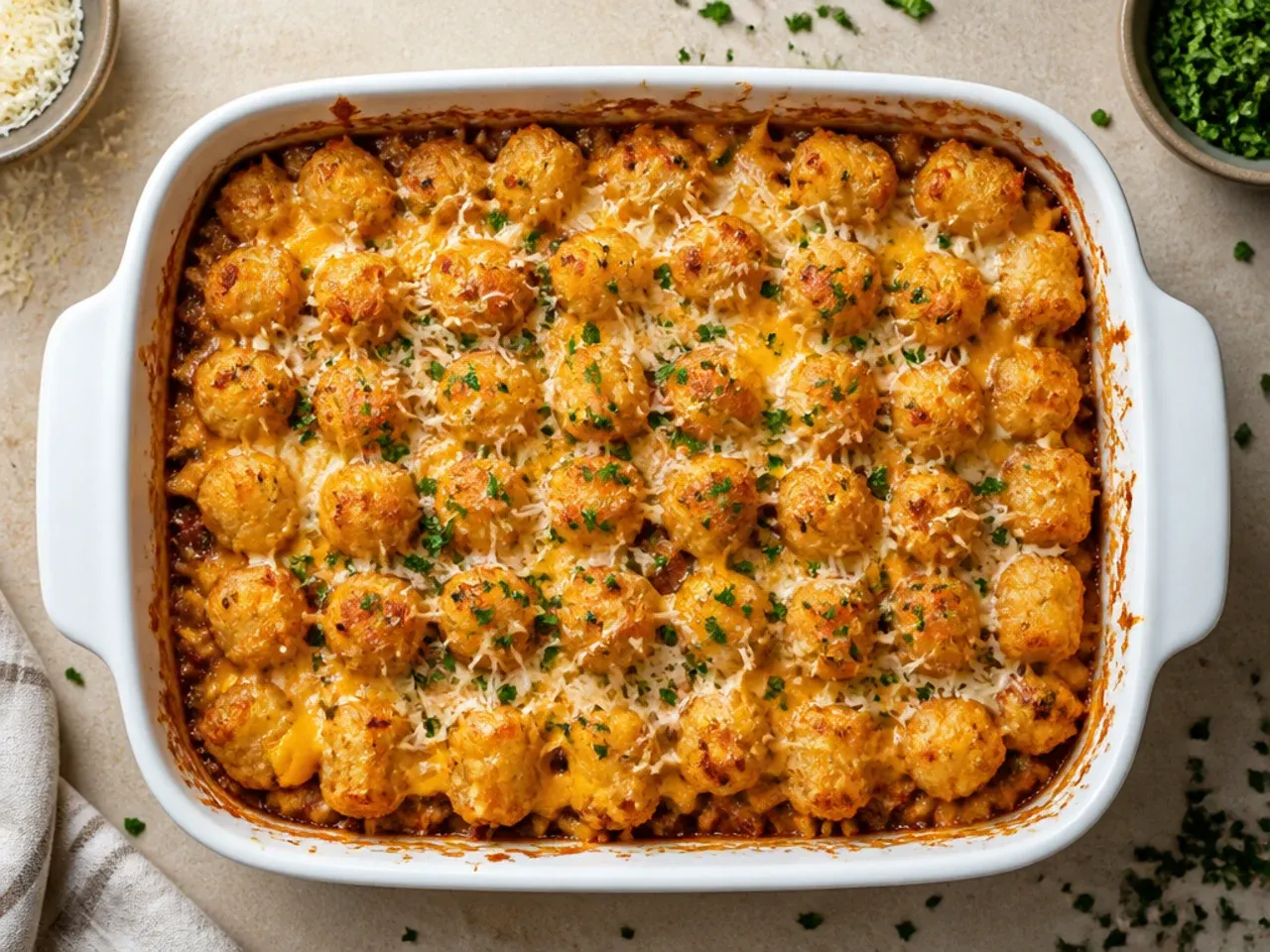 Close-up of tater tots resting lightly on top of a casserole filling rather than pressed in