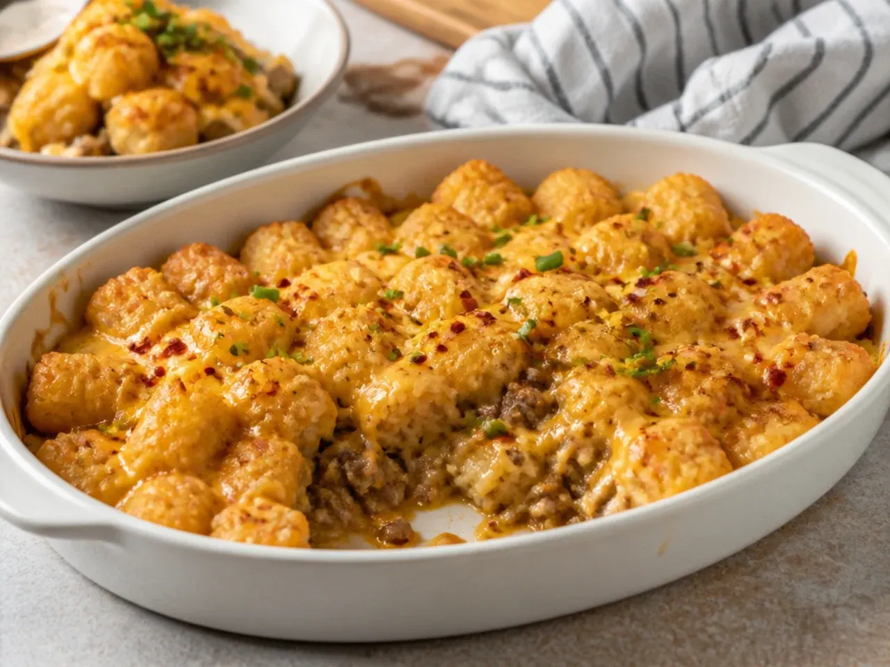 A wide shallow 9x13 inch baking dish filled with cheesy tater tot casserole ready for the oven