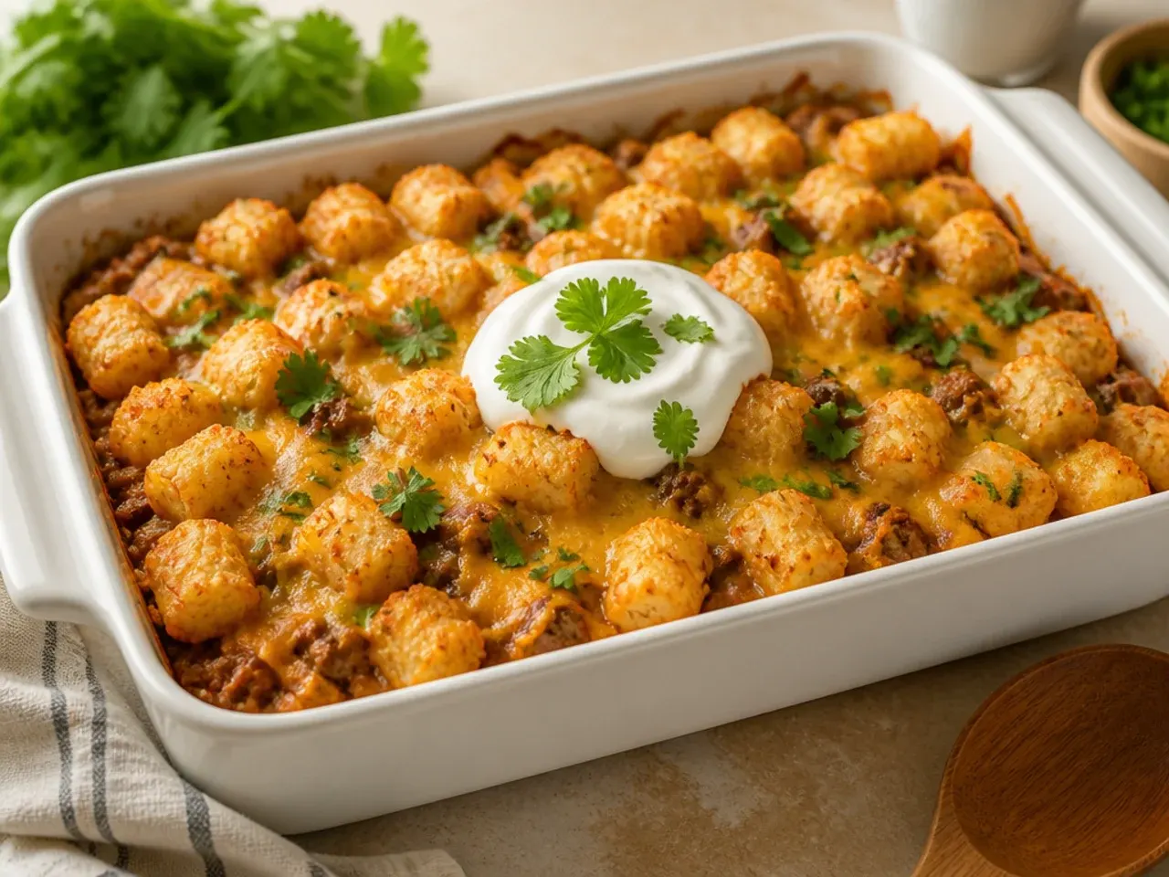 Shredded cheddar cheese being sprinkled over a partly baked tater tot casserole with golden tots showing through