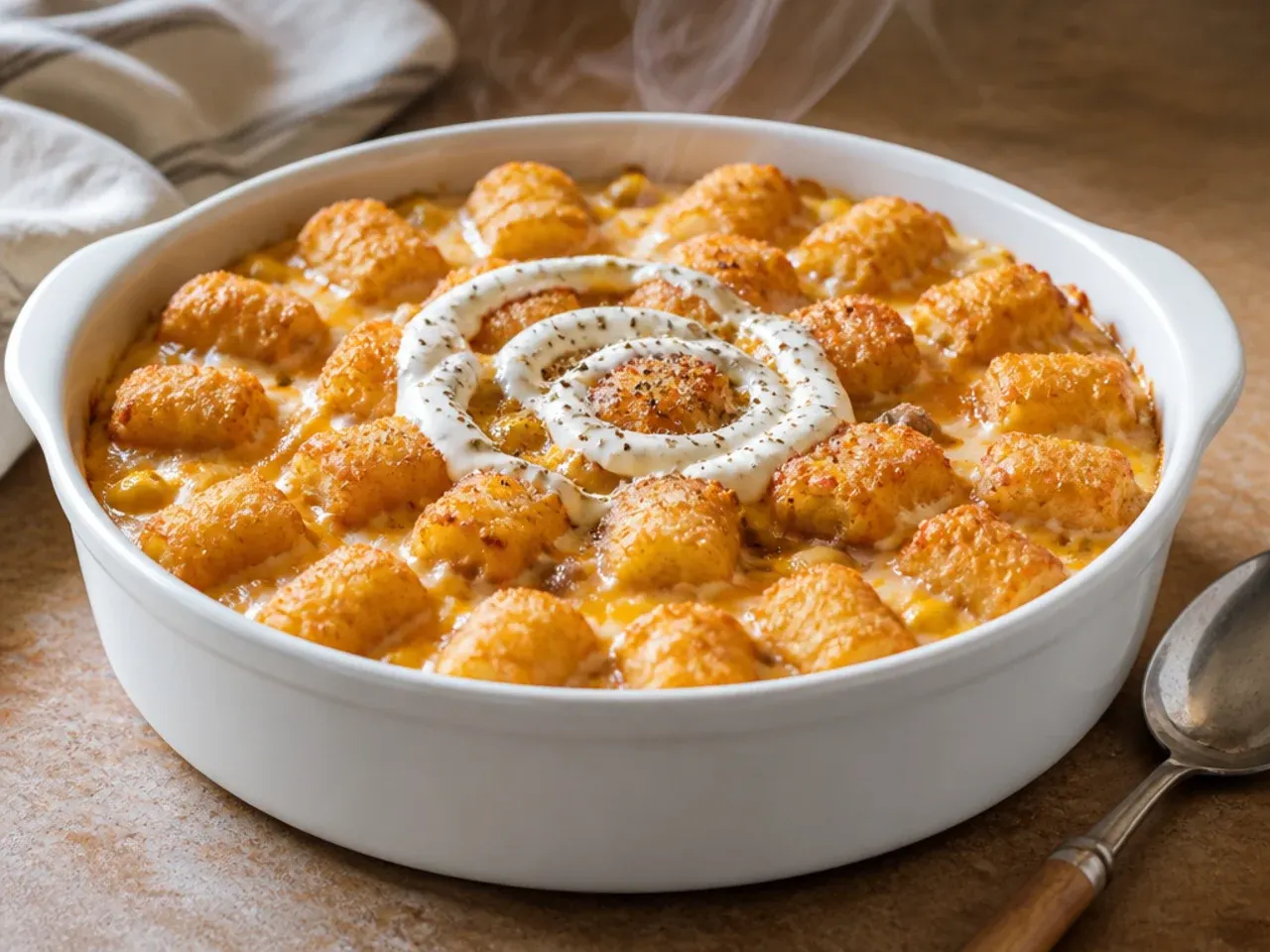 Frozen tater tots arranged in a single layer with visible gaps between each one on top of the casserole