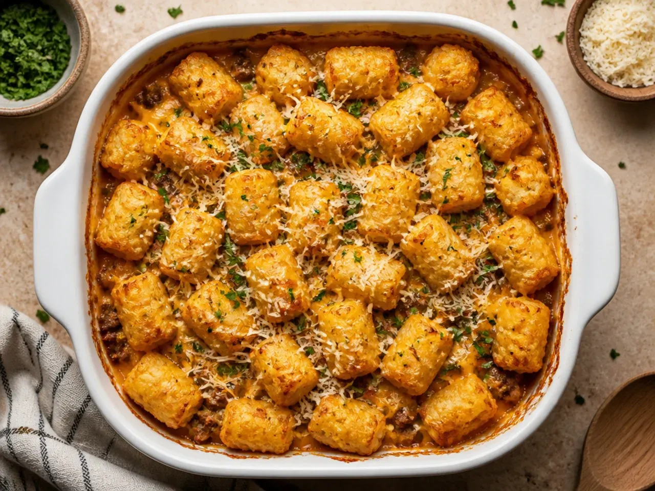 An uncovered cheesy tater tot casserole baking in the oven with tots browning at the edges