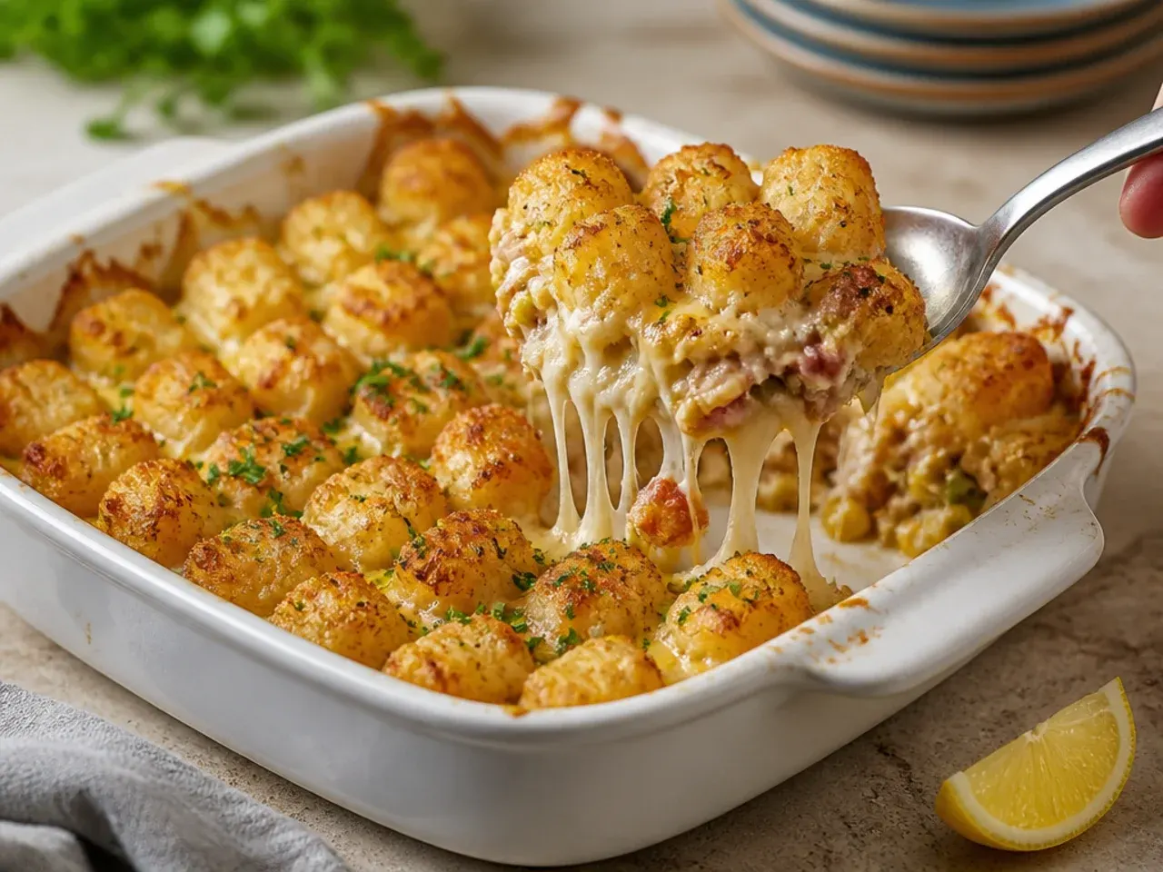 A properly filled casserole dish with about 2 cm of space below the rim before adding tater tots
