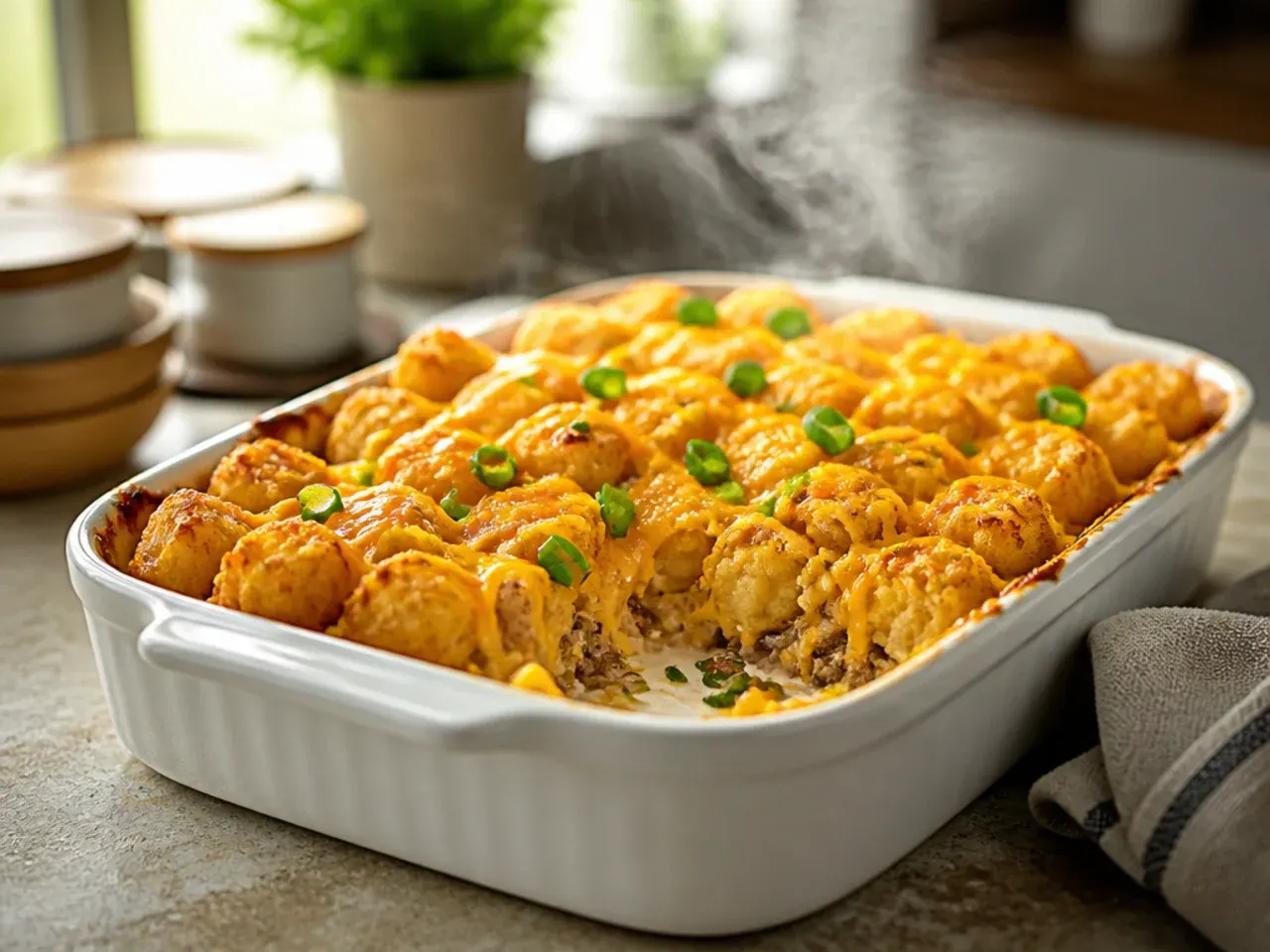 Cheesy tater tot casserole with visibly bubbling sauce around the edges and deep golden tots