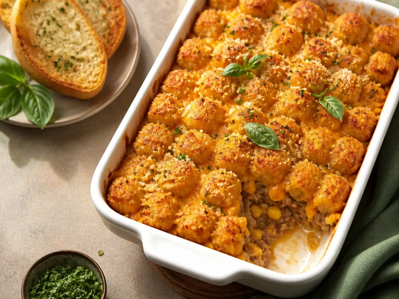 A cooked cheesy tater tot casserole resting on a wire rack with a serving spoon nearby