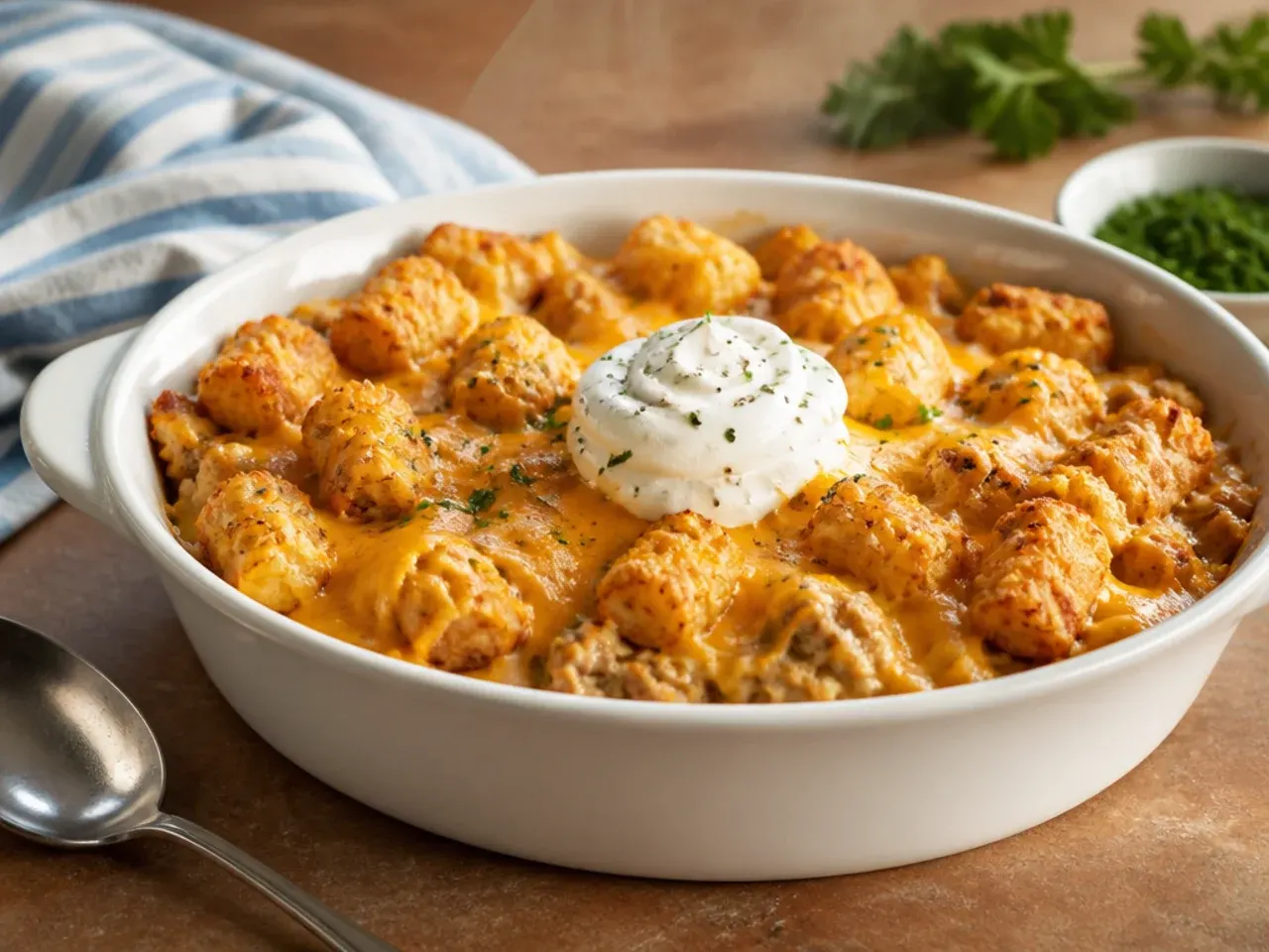 A labeled freezer container of tater tot casserole filling without the tater tots